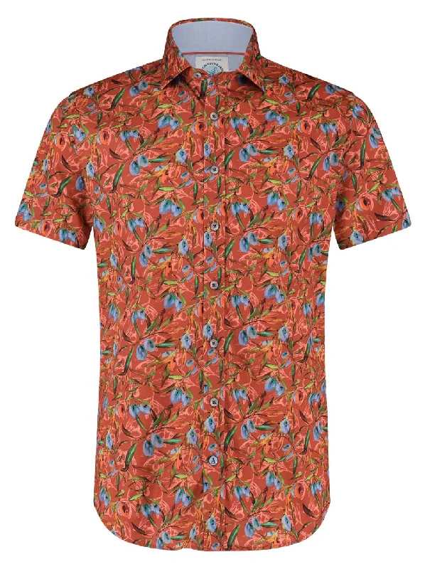 Men's Embroidered Floral Pattern Short Sleeve Shirts in White for a Spring - Inspired Fashion StatementA Fish Named Fred Olives Shirt Red