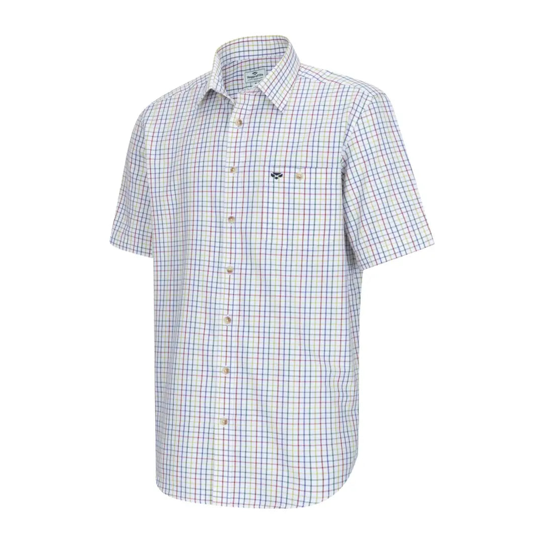 Men's Striped Linen - Blend Short Sleeve Shirts in Blue and White for a Nautical ThemeHoggs Of Fife Kessock Tattersall Short Sleeve Shirt