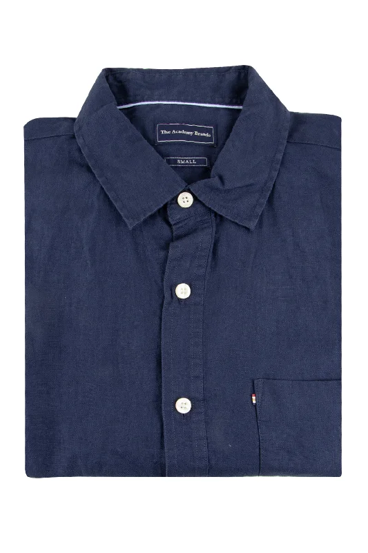 Men's Short Sleeve Chambray Shirts in Light Blue with a Button - Down Collar for a Relaxed and Stylish LookThe Academy Hampton Linen Short Sleeve Shirt Navy