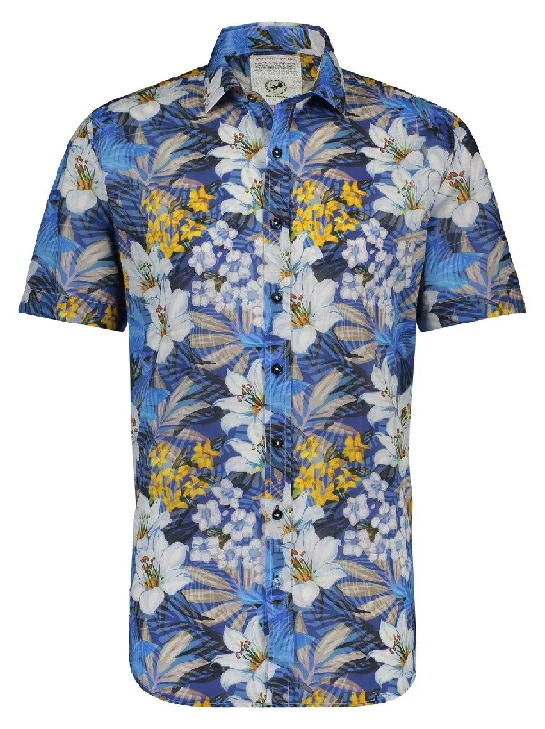 Plus Size Men's Henley - Style Short Sleeve Shirts in Grey with Buttons for a Casual and Relaxed AppearanceJUNGLE FLOWER S/S   AFNF 20.03.083