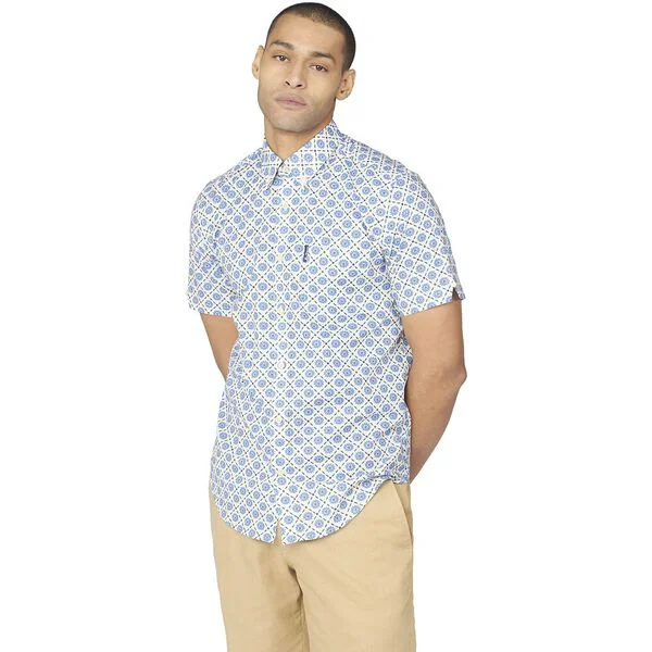 Men's Striped Linen - Blend Short Sleeve Shirts in Blue and White for a Nautical ThemeS/S BLOCK FLORAL   BS0063459