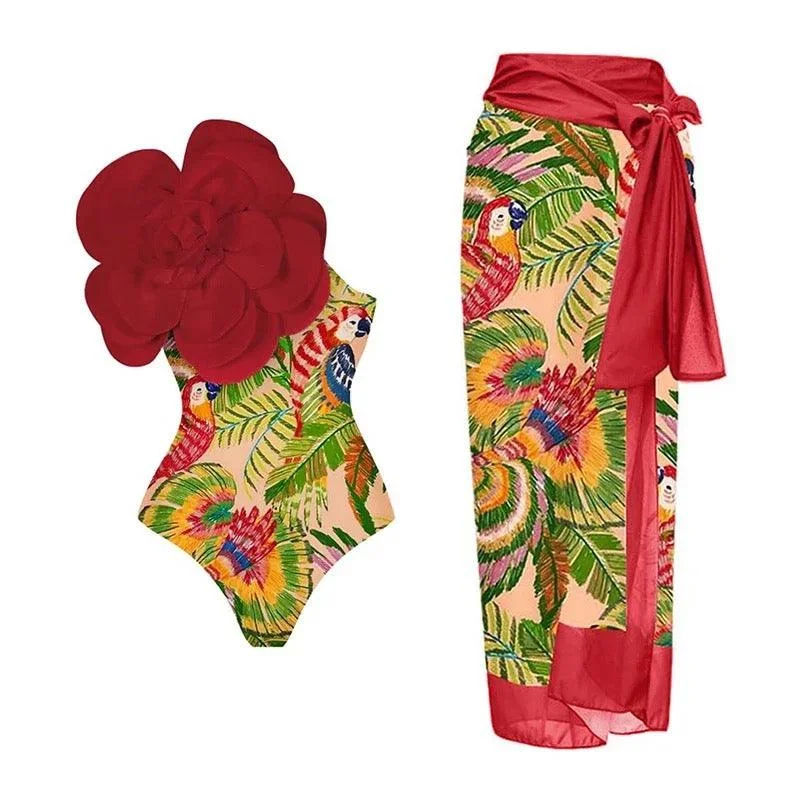 Ruther swimsuit with Sarong Skirt in Red