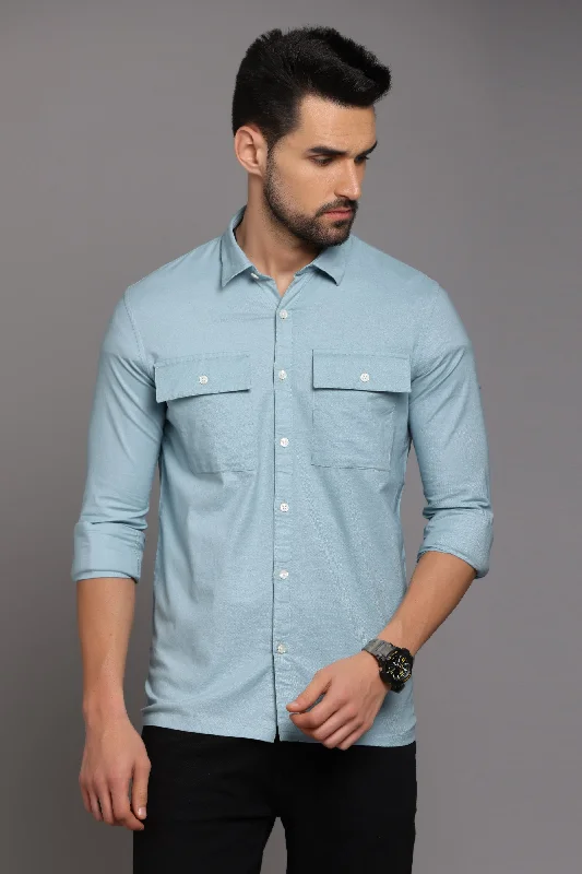 Men's Long - Line Oversized Casual Shirts in Dark Gray for a Relaxed and Modern LookBeau Blue Full Sleeve Shirt with Double Pocket