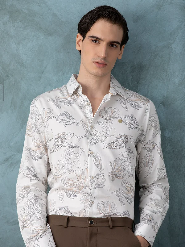 Men's Sustainable Recycled Material Casual Shirts for Eco - Conscious ConsumersBeige Floral Printed Shirt