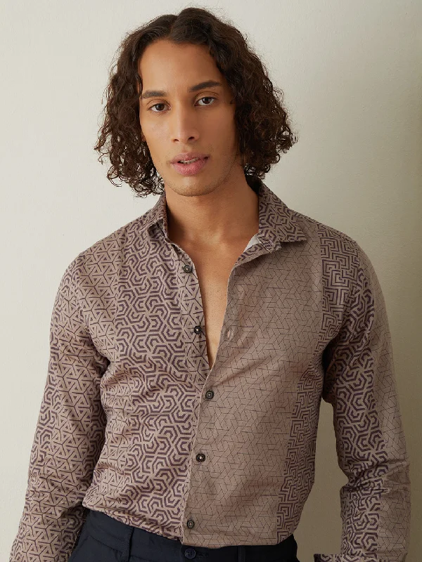 Men's Embroidered Detail Casual Shirts in Beige for a Touch of EleganceBrown Geometric Printed Shirt