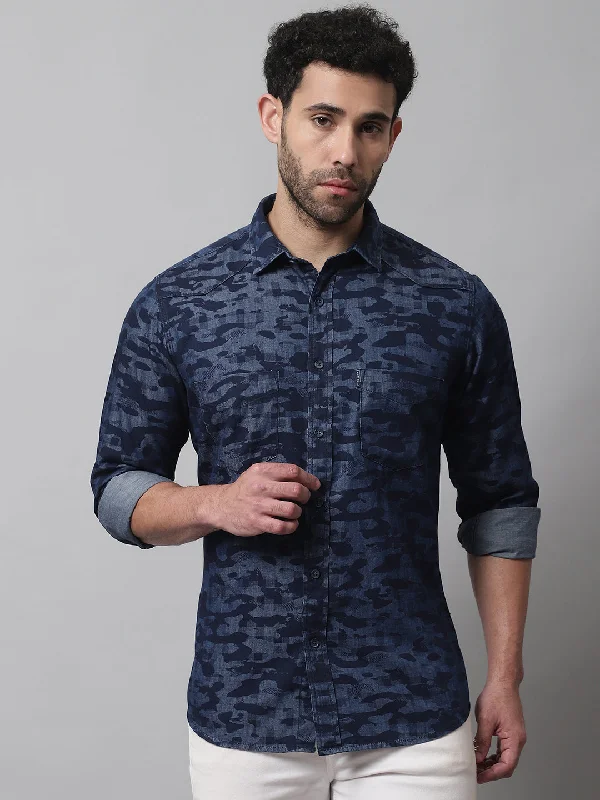 Men's Sustainable Recycled Material Casual Shirts for Eco - Conscious ConsumersMen's Dark Blue Casual Camouflage Denim Print Full Sleeve Shirt