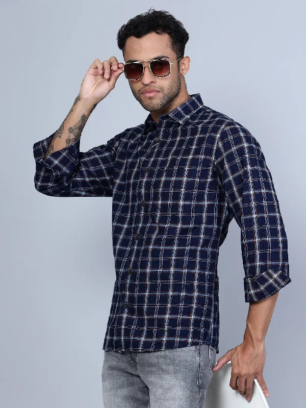 Men's Sustainable Recycled Material Casual Shirts for Eco - Conscious ConsumersMen's Navy Blue Casual Big Checks Full Sleeve Shirt