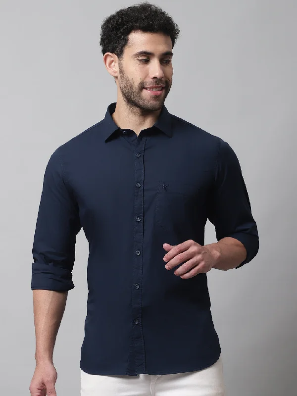 Men's Button - Down Oxford Casual Shirts in Crisp White for a Classic and Versatile StyleMen's Navy Blue Casual Plain Stretch Full Sleeve Shirt