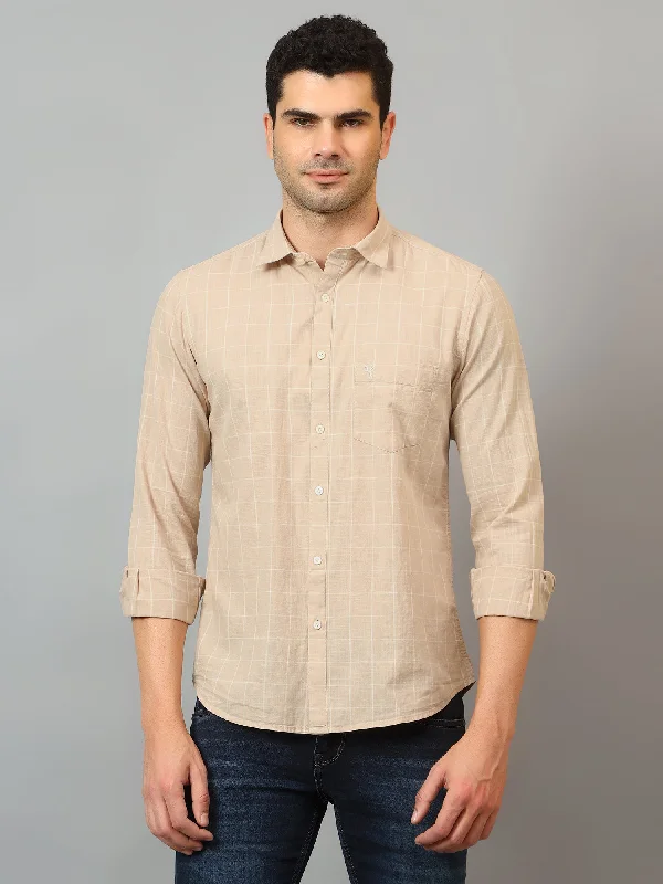 Men's Two - Tone Contrast Panel Casual Shirts in White and Navy for a Stylish and Eye - Catching DesignMen's Beige Casual Medium Checks Full Sleeve Shirt