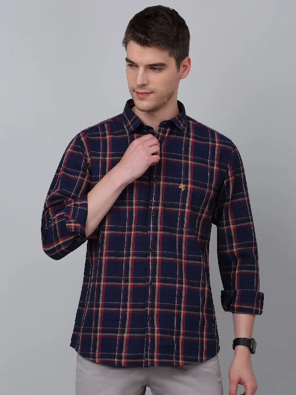 Men's Slim - Fit Printed Floral Casual Shirts in Pastel Colors for a Spring - Inspired VibeMen's Navy Blue Casual Big Checks Full Sleeve Shirt