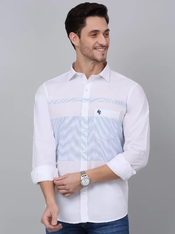 Men's Organic Cotton Casual Shirts with a Soft Handfeel for Everyday ComfortMen's Sky Blue Casual Horizontal Placement Stripe Full Sleeve Shirt