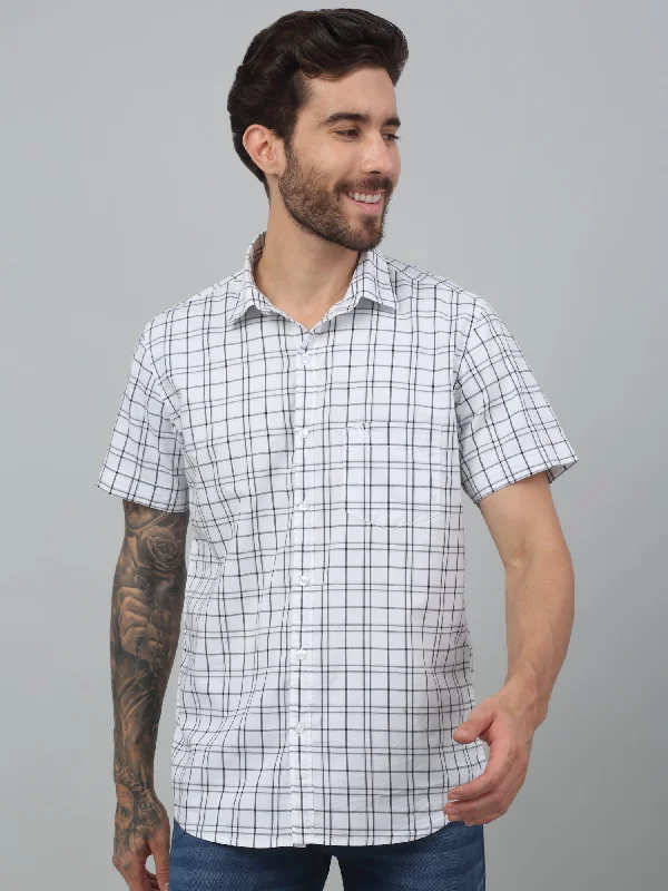 Men's Embroidered Detail Casual Shirts in Beige for a Touch of EleganceMen's White Casual Medium Checks Half sleeve Shirt