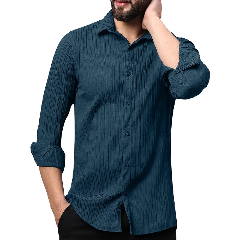 Men's Wrinkle - Resistant Polyester Blend Casual Shirts for Easy Travel and MaintenanceCrushed Self Stripe Dark Blue Shirt