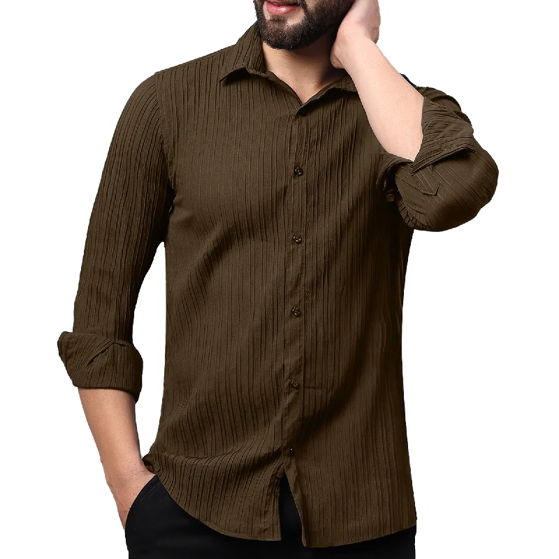 Men's Moisture - Wicking Performance Fabric Casual Shirts for Outdoor ActivitiesCrushed Self Stripe Brown Shirt