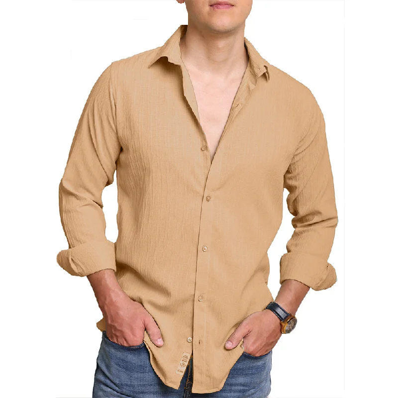 Men's Embroidered Detail Casual Shirts in Beige for a Touch of EleganceCrushed Self Stripe Light Brown Shirt