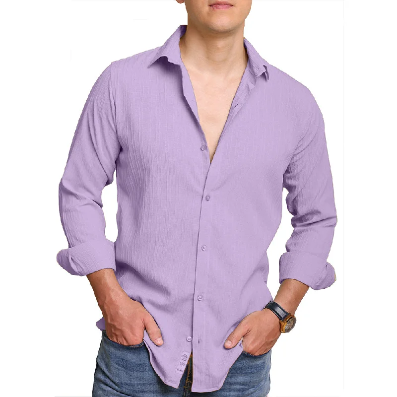 Men's Wrinkle - Resistant Polyester Blend Casual Shirts for Easy Travel and MaintenanceCrushed Self Stripe Light Purple Shirt