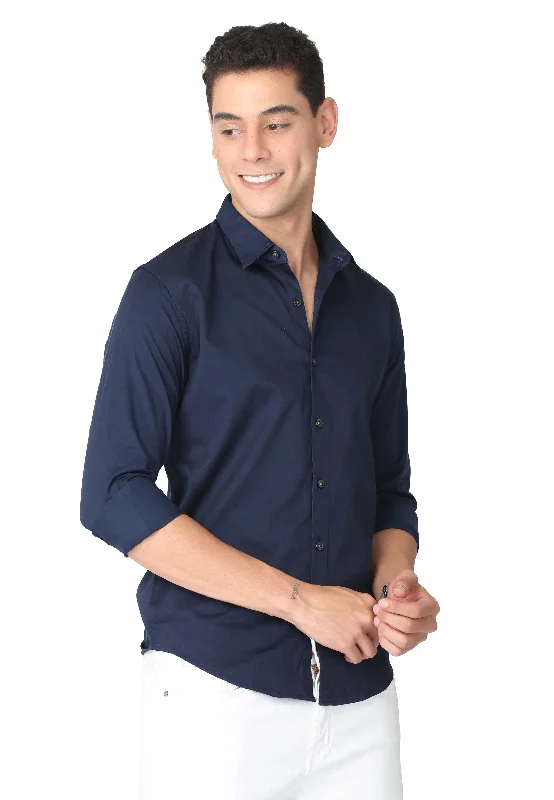 Men's Wrinkle - Resistant Polyester Blend Casual Shirts for Easy Travel and MaintenanceDark Blue Stain Twill Shirt