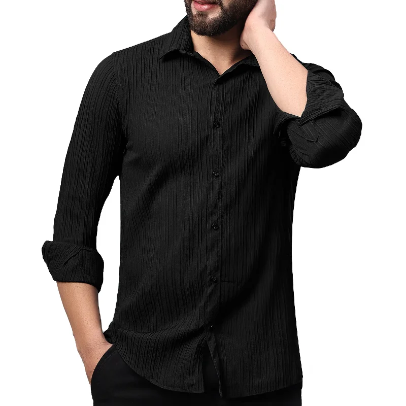 Men's Distressed Denim Casual Shirts with Frayed Edges for a Trendy and Rugged LookCrushed Self Stripe Black Shirt