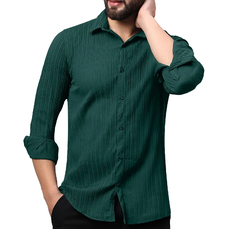 Men's Moisture - Wicking Performance Fabric Casual Shirts for Outdoor ActivitiesCrushed Self Stripe Dark Green Shirt