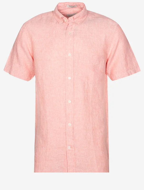 Men's Two - Tone Contrast Panel Casual Shirts in White and Navy for a Stylish and Eye - Catching DesignRegular Linen Short Sleeve Shirt Peachy Pink