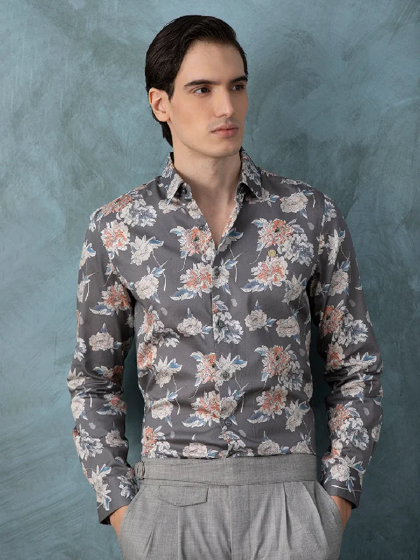 Men's Moisture - Wicking Performance Fabric Casual Shirts for Outdoor ActivitiesGrey Floral Printed Shirt