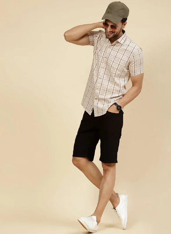 Men's Long - Line Oversized Casual Shirts in Dark Gray for a Relaxed and Modern LookMen Beige Check Shirt