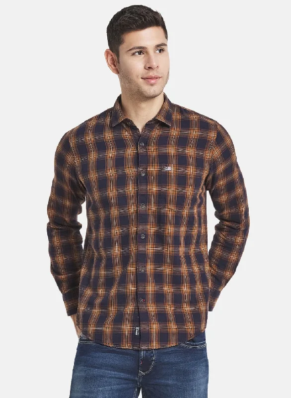 Men's Shearling - Lined Collar Casual Shirts in Brown for a Rustic and Warm AppealMen Brown Check Shirt