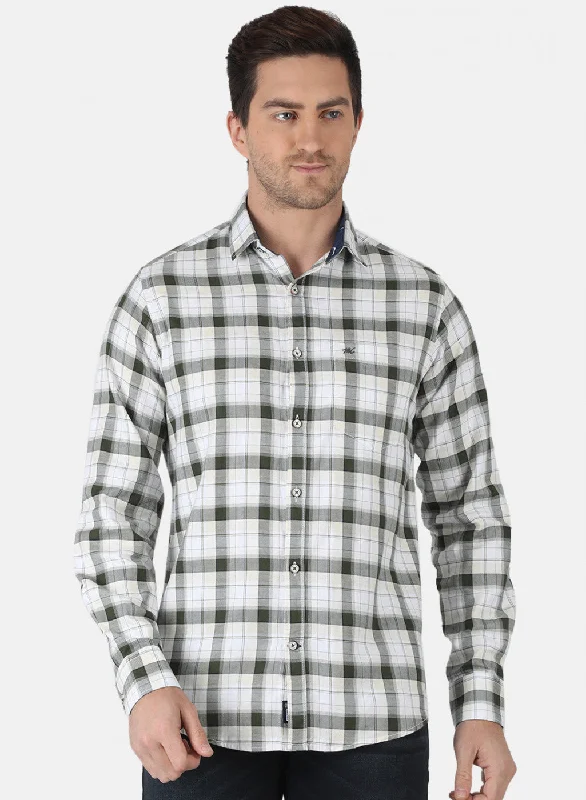 Men's Two - Tone Contrast Panel Casual Shirts in White and Navy for a Stylish and Eye - Catching DesignMen Light Olive Check Shirt