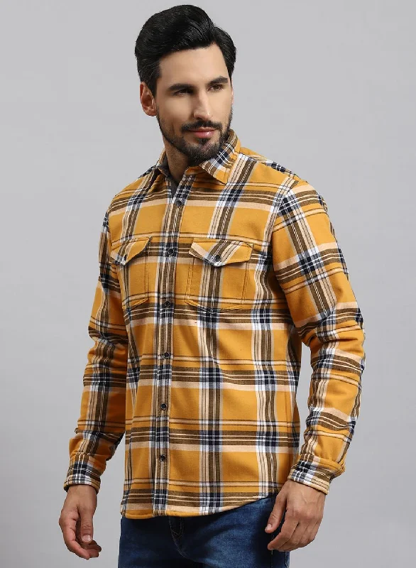 Men's Short - Sleeve Linen Casual Shirts in Light Khaki for a Breathable Summer OptionMen Mustard Check Cotton Blend Shirt