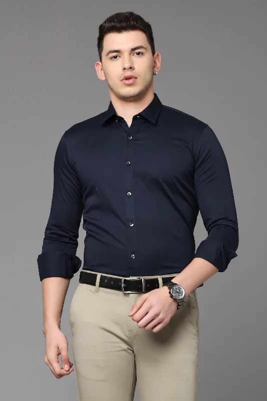 Men's Short - Sleeve Linen Casual Shirts in Light Khaki for a Breathable Summer OptionNavy Blue Plain Slim Fit Shirt