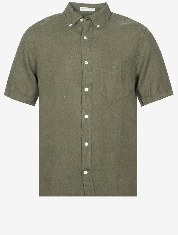 Men's Sustainable Recycled Material Casual Shirts for Eco - Conscious ConsumersRegular Fit Garment Dyed Linen Short Sleeve Shirt Juniper Green