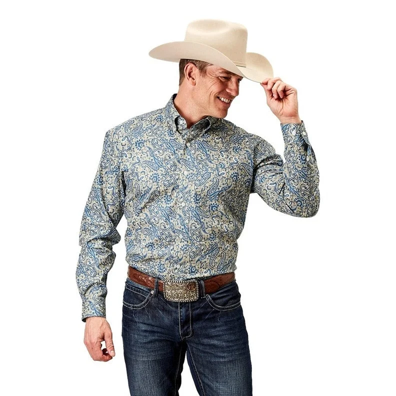 Men's Distressed Denim Casual Shirts with Frayed Edges for a Trendy and Rugged LookRoper Western Shirt Mens L/S Button Delft Paisley 03-001-0326-2025 BU