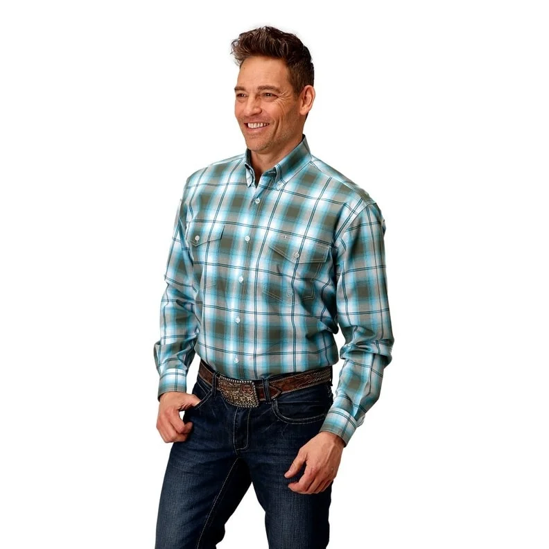 Men's Distressed Denim Casual Shirts with Frayed Edges for a Trendy and Rugged LookRoper Western Shirt Mens L/S Plaid Button Green 03-001-0378-5014 GR