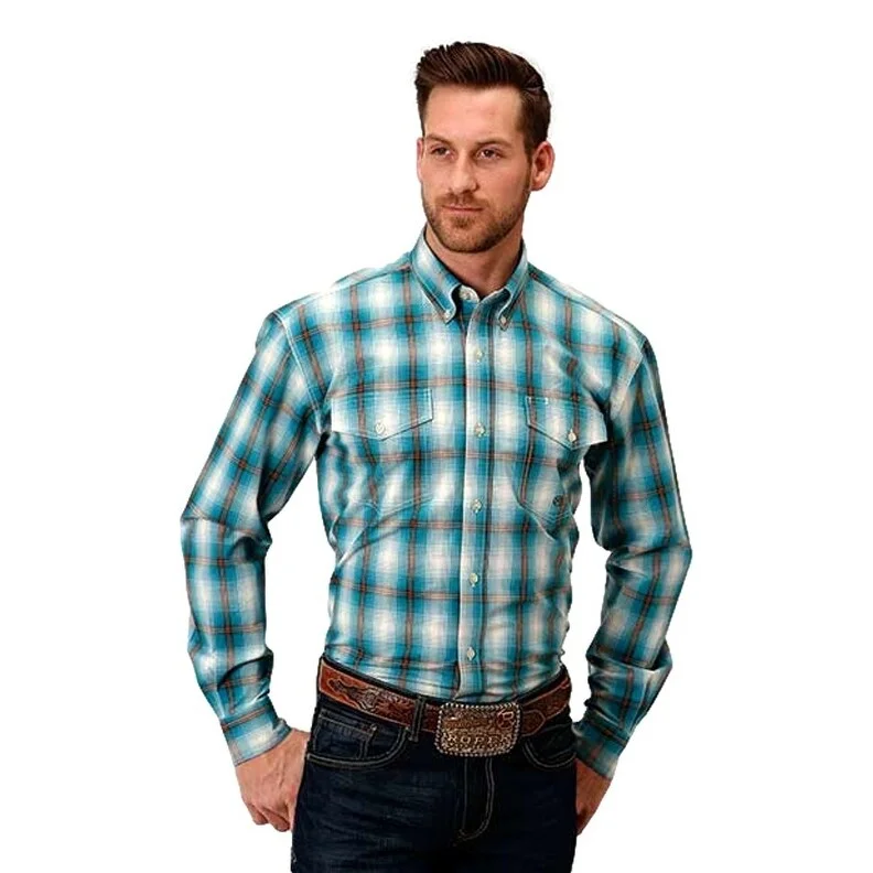 Men's Organic Cotton Casual Shirts with a Soft Handfeel for Everyday ComfortRoper Western Shirt Mens L/S Plaid Button Teal 03-001-0678-1034 BU