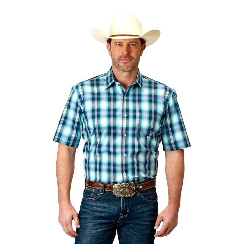 Men's Distressed Denim Casual Shirts with Frayed Edges for a Trendy and Rugged LookRoper Western Shirt Mens S/S Amarillo Plaid Blue 03-002-0379-2094 BU