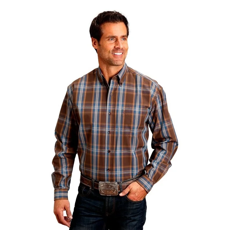 Men's Linen Blend Casual Shirts with Roll - Up Sleeves for a Summer Beach LookStetson Western Shirt Mens L/S Plaid Button Brown 11-001-0579-6044 BR