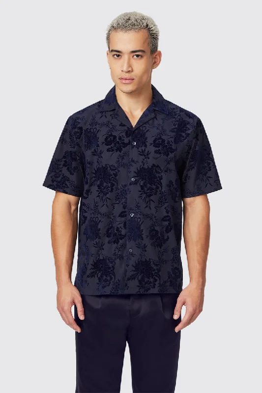 Men's Linen Blend Casual Shirts with Roll - Up Sleeves for a Summer Beach LookAlbon Navy Floral Flocked Short Sleeve Shirt