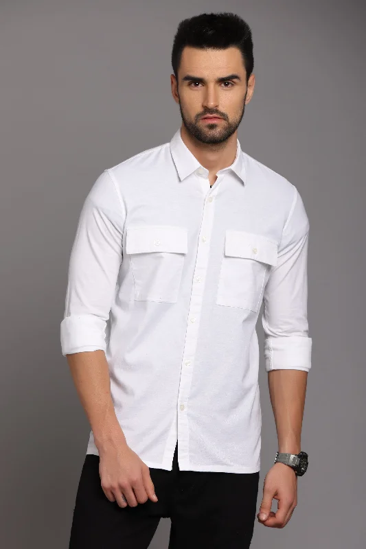 Men's Stretch - Fabric Casual Shirts in Navy Blue for a Comfortable and Flexible FitWhite Full Sleeve Shirt with Double Pocket