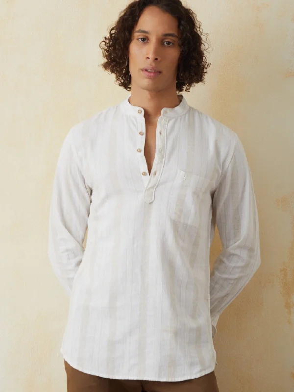 Men's Moisture - Wicking Performance Fabric Casual Shirts for Outdoor ActivitiesWhite Striped Kurta