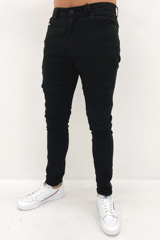 Men's Distressed Jeans with Patches for a Retro and DIY - Inspired AppearanceFlight Jean Jet Black