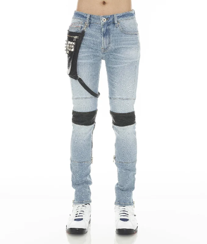 Men's Distressed Jeans with Patches for a Retro and DIY - Inspired AppearancePUNK MOTO STRETCH IN POLLOCK