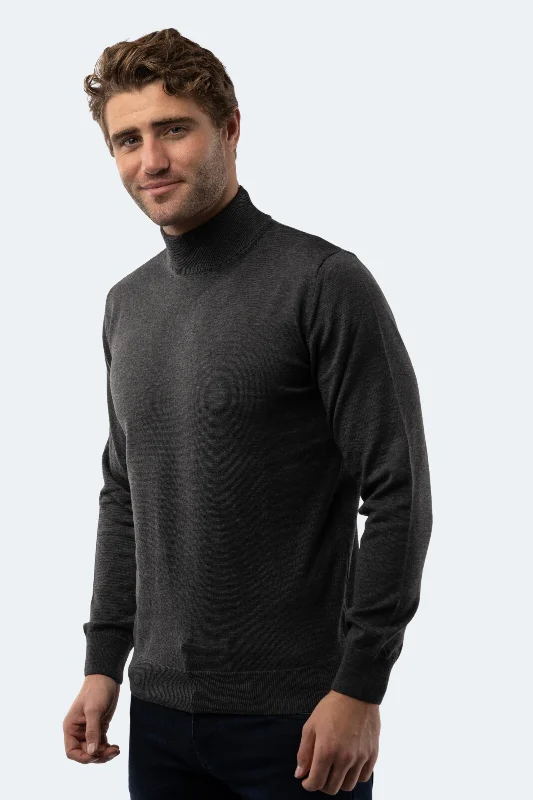 Regular Fit Men's Mock - Neck Sweater in Teal with a Side Slit for a Modern Office AttireMelange Dark Grey Mockneck Sweater