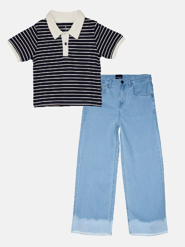 Girls Crop Length Polo tee & Flared Denim pant Set