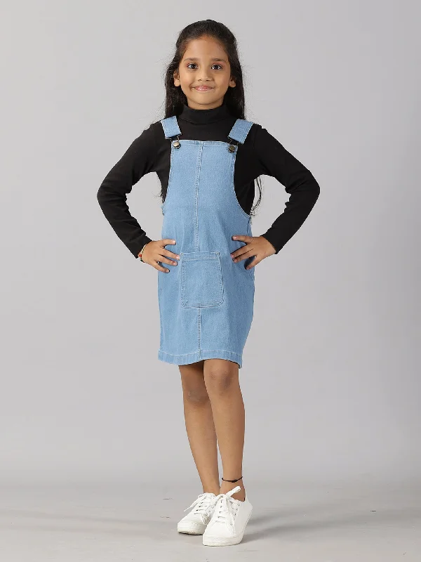 Girls Turtle Neck Tee & Denim Dungaree Skirt Set