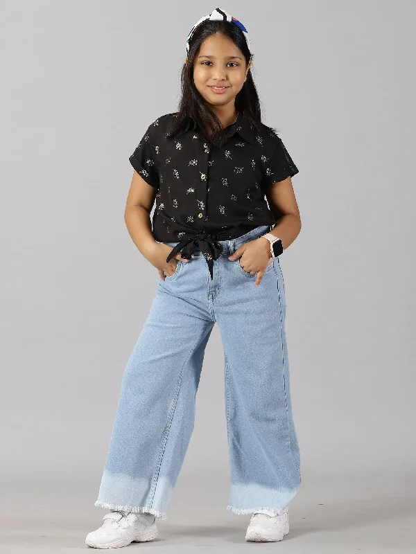 Girls Tie Up Top & Flared Denim pant Set