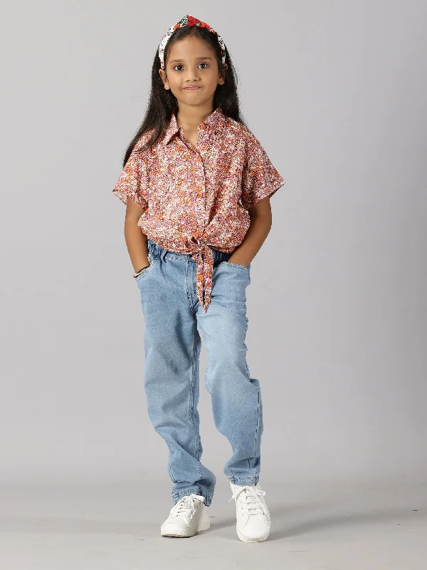 Girls Tie Up Top & Paper Bag Jeans Pant Set