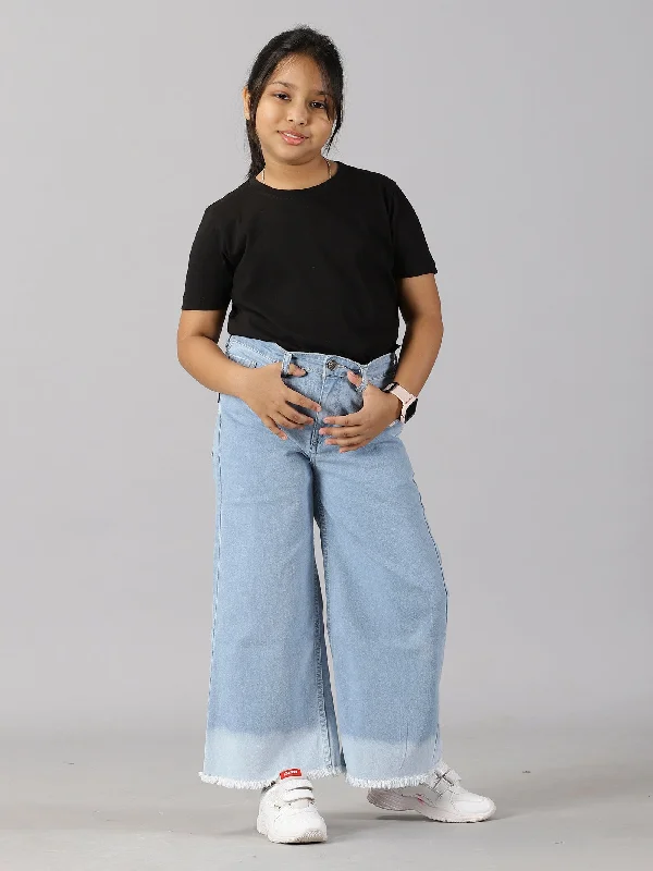 Girls Solid Tee & Flared Denim pant Set