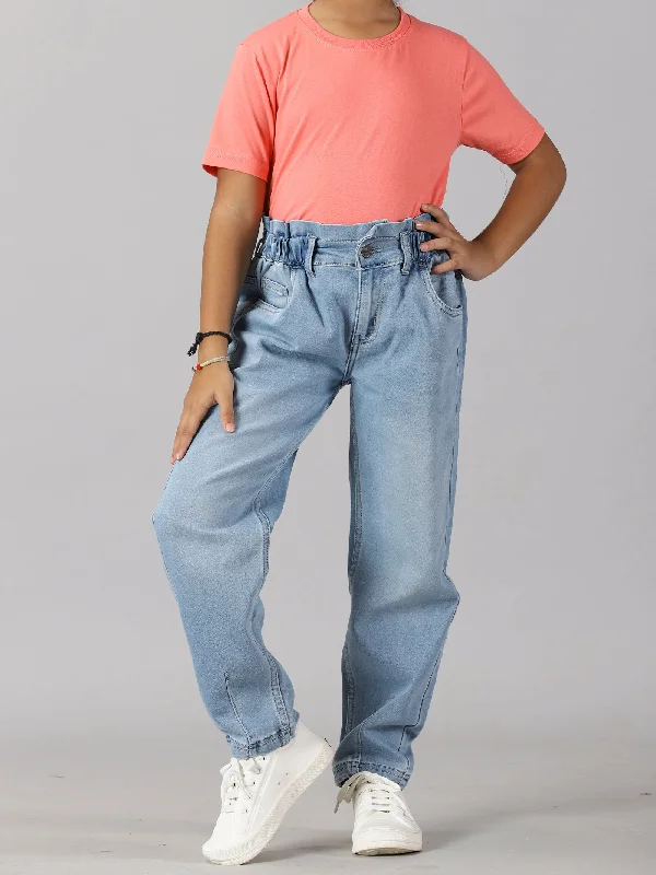 Girls Solid Tee & Paper Bag Jeans Pant Set