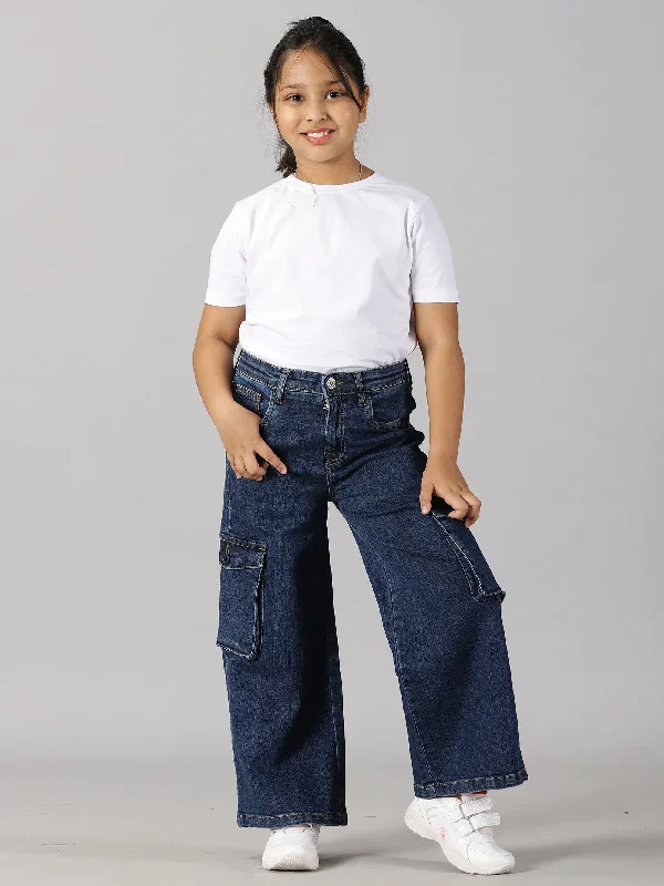 Girls Solid Tee & Wide Leg Cargo Jeans pant Set