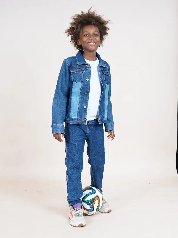 Boys Cotton Solid Half Sleeves Tee With Denim Jeans & Jacket Set